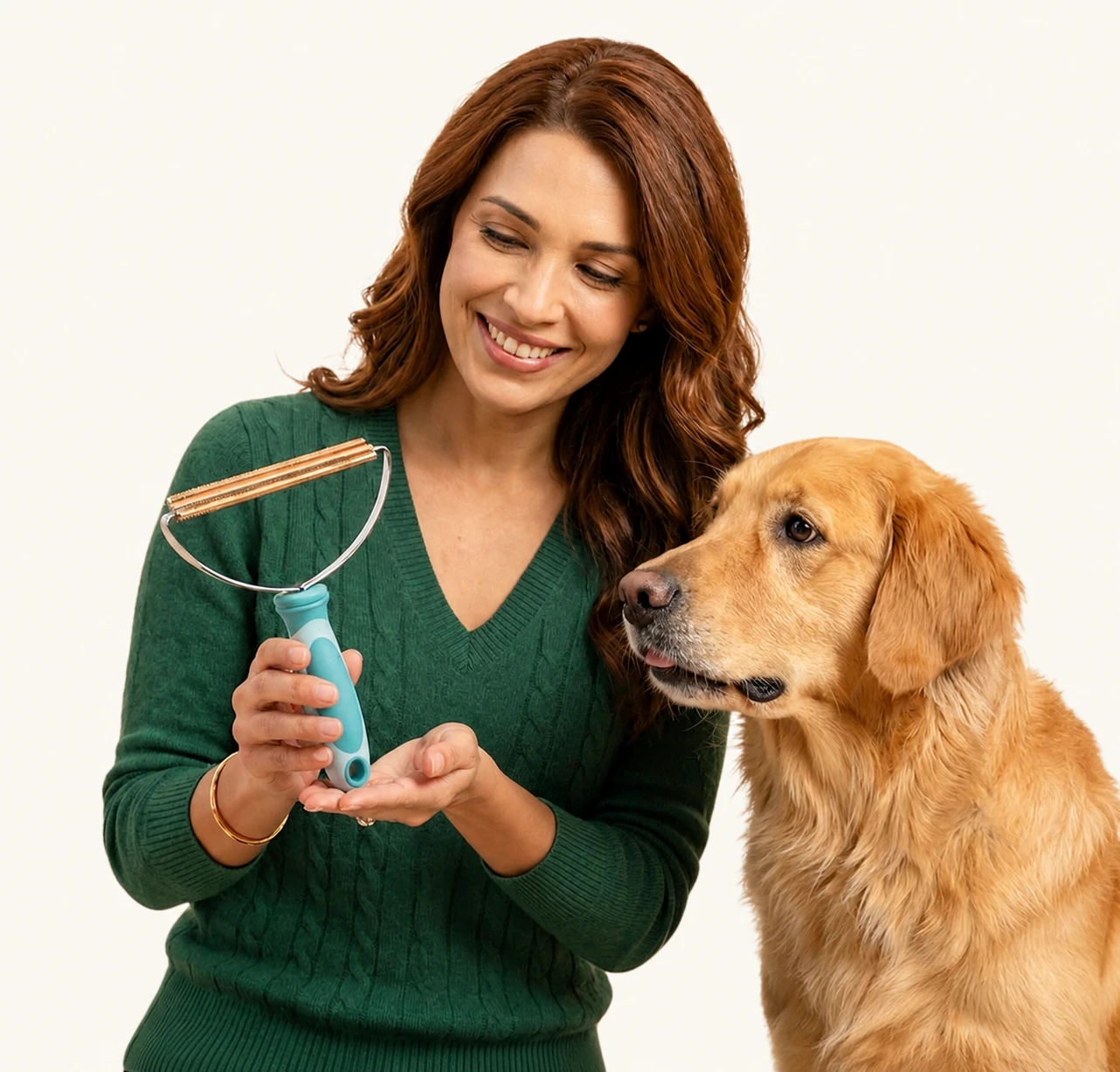 Mujer con golden retriever y cepillo Petfect